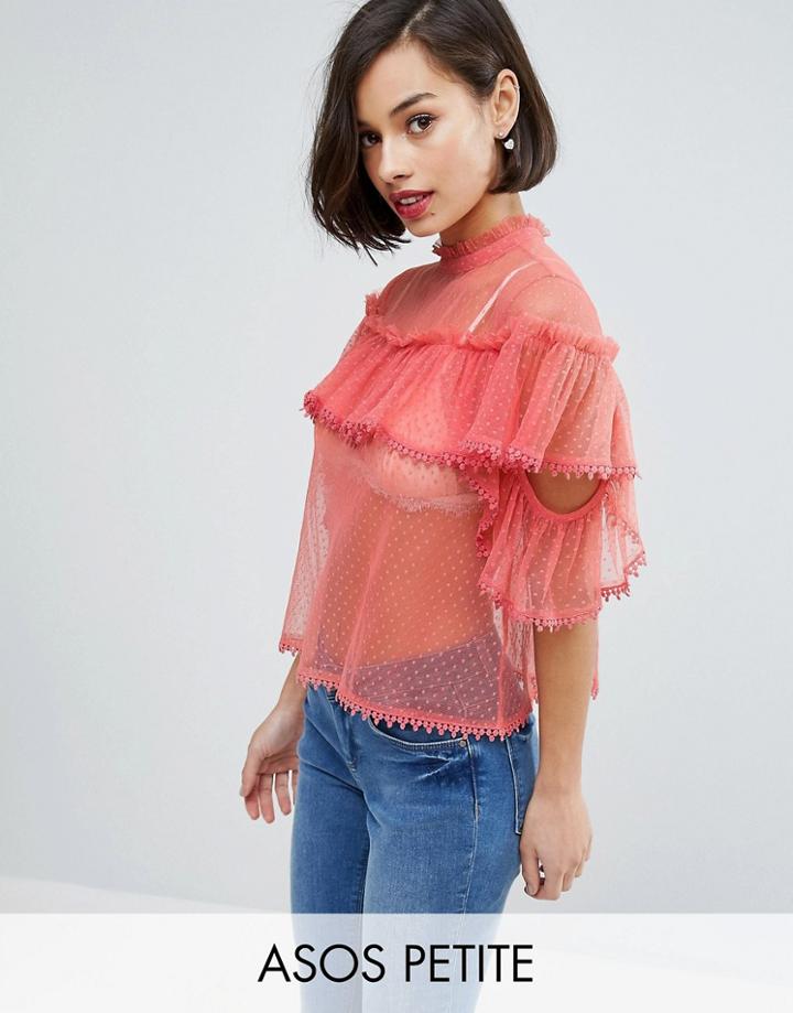 Asos Petite Mesh Dobby Top With Cold Shoulder And Ruffle - Pink