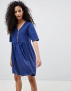 Asos Contrast Stitch Zip Front Smock Dress - Navy