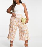 New Look Curve Cropped Wide Leg Pants In Orange Floral