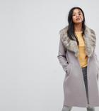 River Island Petite Over Coat With Fur Collar - Gray