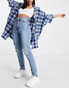 Dr Denim Nora High Rise Mom Jeans With Ripped Knees In Blue-blues