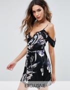 Missguided Exclusive Floral Off The Shoulder Dress With Lace Trim - Bl