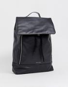 Asos Design Leather Backpack In Black With Zip Detail And Front Flap