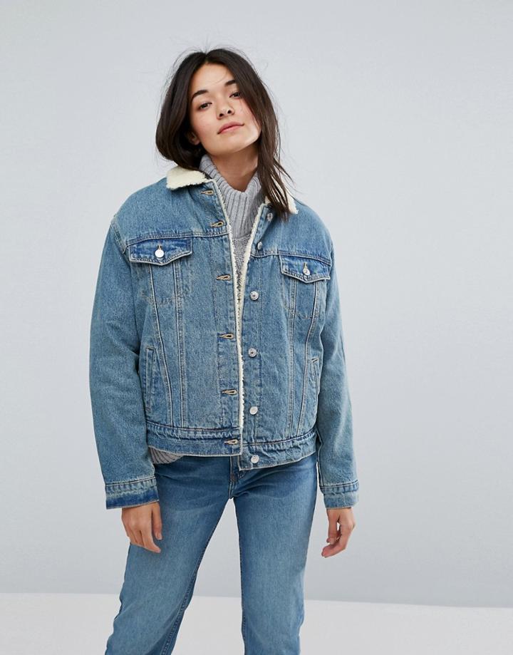 Pul & Bear Oversized Borg Denim Jacket - Blue