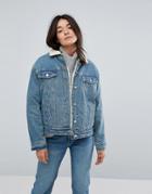 Pul & Bear Oversized Borg Denim Jacket - Blue