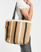 My Accessories London Shopper Bag In Natural Straw With Stripes And Frayed Detail-neutral