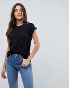 Asos T-shirt In Boyfriend Fit With Rolled Sleeve And Curved Hem - Black