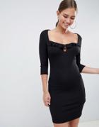Asos Design Rib Mini Dress With Frill Neck - Black