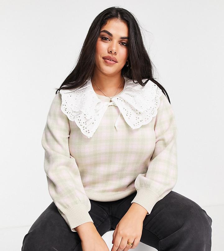 River Island Plus Checked Sweater With Eyelet Collar Detail In Pink