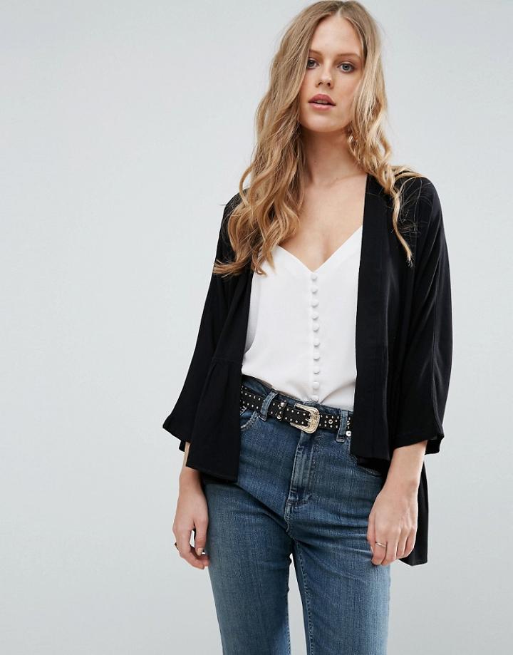 Asos Kimono In Crinkle With Ruffle Hem - Black