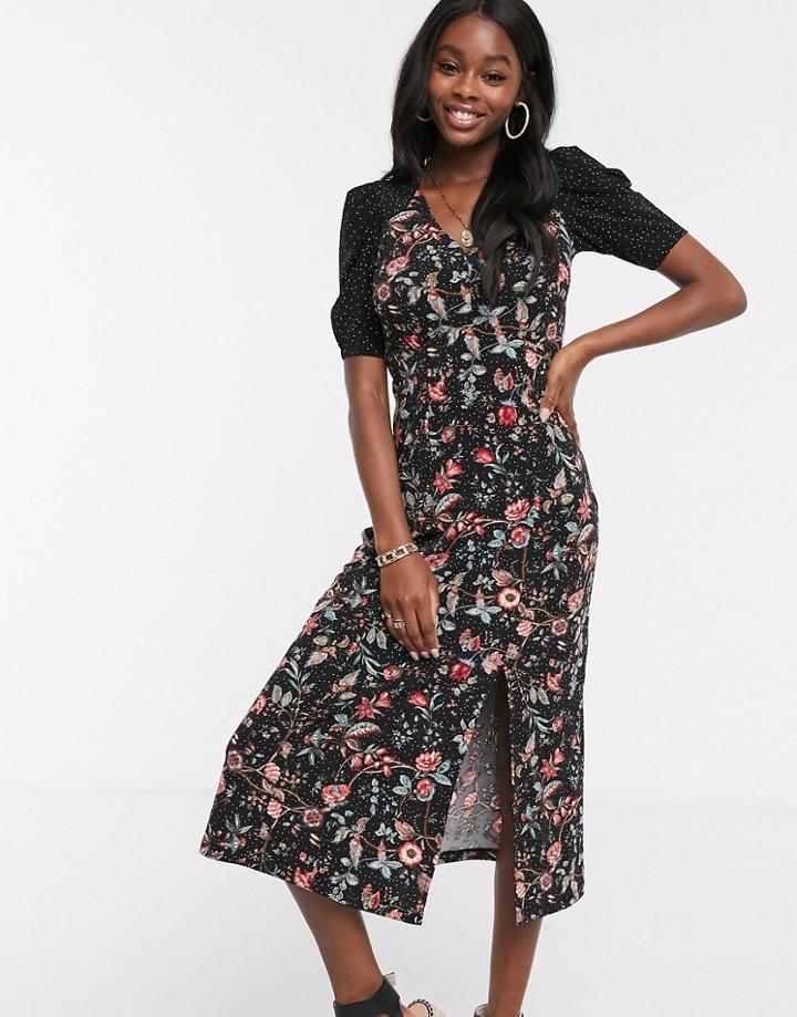 Oasis Floral Print Midi Dress In Black