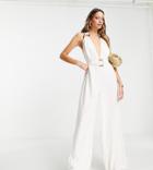 Asos Design Tall Linen Halterneck Jumpsuit With Wide Leg And Ring Detail In White