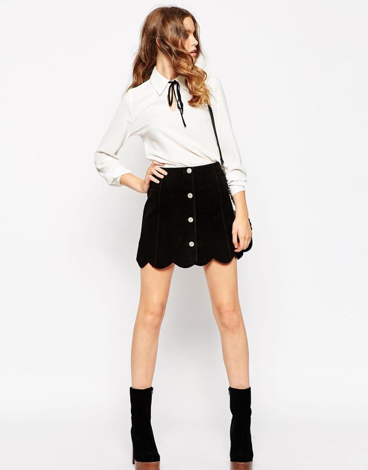 Asos Suede A Line Skirt With Button Through And Scalloped Hem - Forest Green