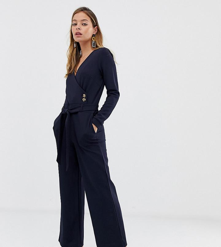 Vero Moda Petite Wrap Button Detail Jumpsuit In Navy - Navy