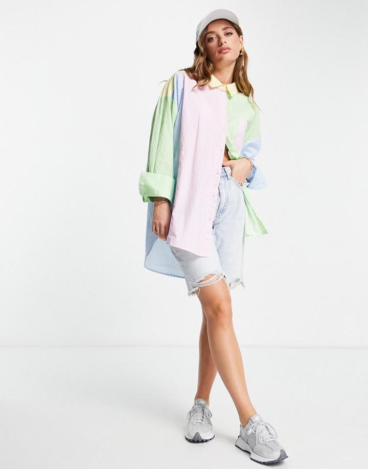 Vero Moda Frsh Color Block Oversized Shirt In Multi Stripe