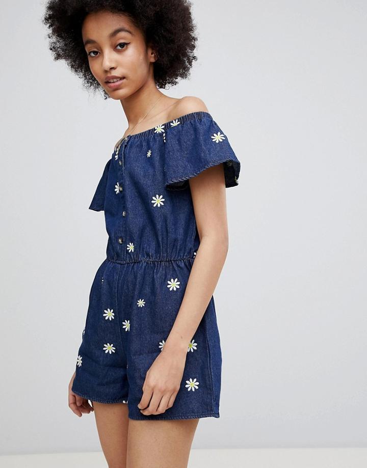 Miss Selfridge Daisy Print Denim Romper - Blue