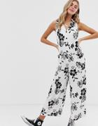 Nobody's Child Button Front Jumpsuit In Retro Tropical Print-white