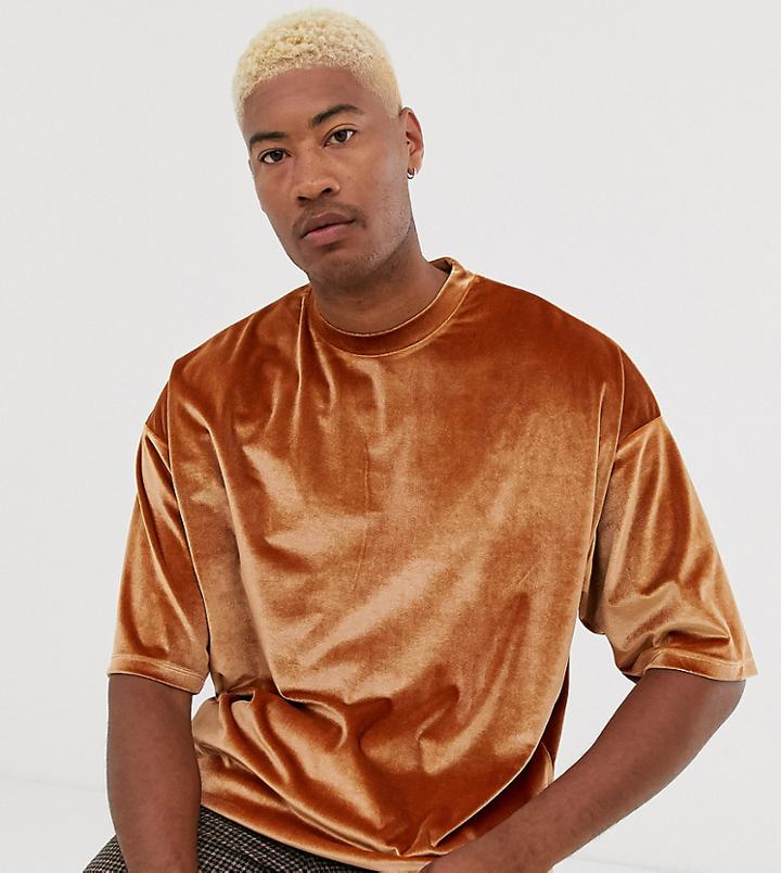 Asos Design Tall Oversized Super Longline T-shirt With Half Sleeve In Brown Velour