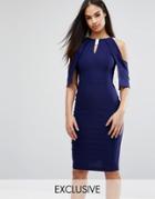 Vesper Frill Cold Shoulder Pencil Dress With Satin Strap Detail - Navy