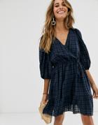& Other Stories Gathered Dobby Cotton Mini Wrap Dress In Navy Check-multi