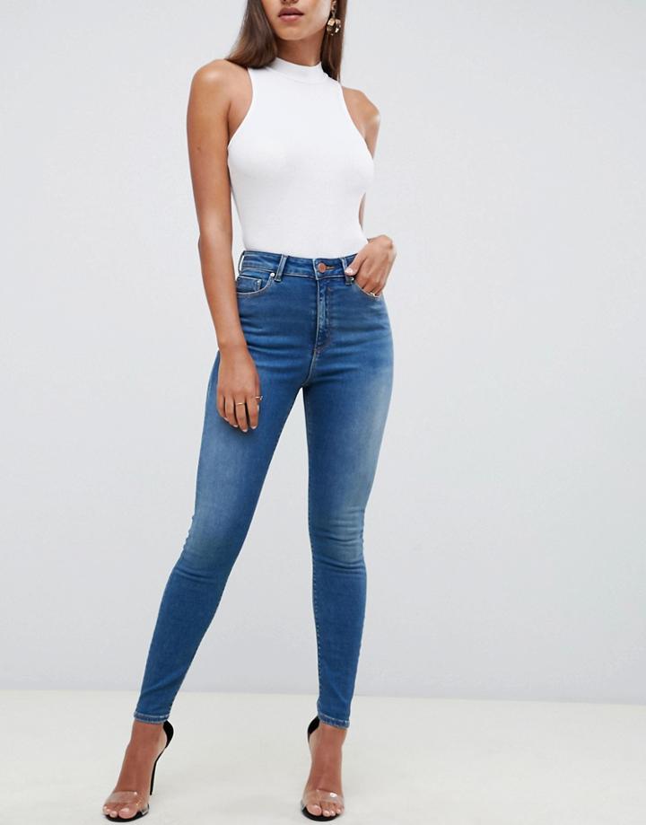 Asos Design Ridley High Waist Skinny Jeans In Mottled Rich Stonewash Blue