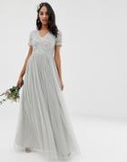 Maya Bridesmaid V Neck Maxi Tulle Dress With Tonal Delicate Sequins In Soft Gray - Gray