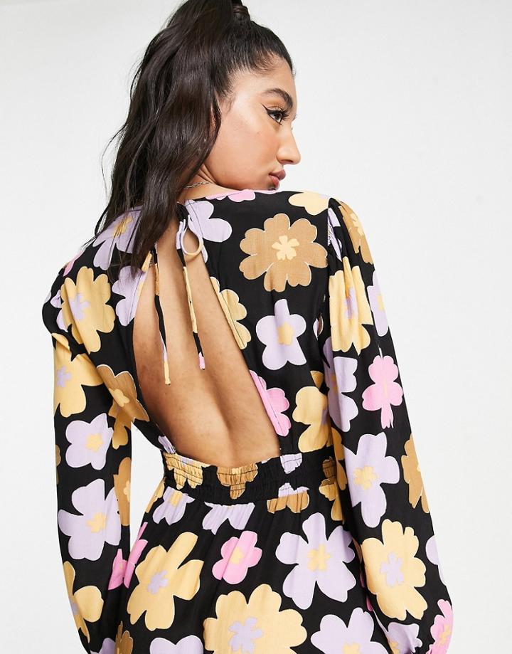 Pieces Exclusive V Neck Smock Dress In Pink 70s Floral-multi
