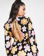 Pieces Exclusive V Neck Smock Dress In Pink 70s Floral-multi