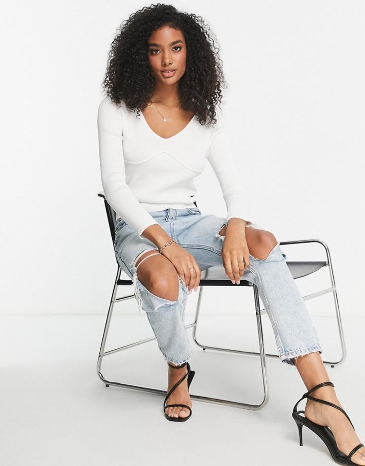 Asos Design Ribbed Sweater With Corset Detail In Cream-white