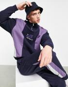Asos Design Relaxed Half Zip Sweatshirt With Diagonal Purple Panels & Chest Print - Part Of A Set-black