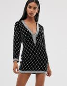 Asos Design Embellished Long Sleeve Plunge Velvet Mini Dress-black