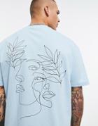 Asos Design Relaxed T-shirt In Blue With Abstract Line Drawing Back Print