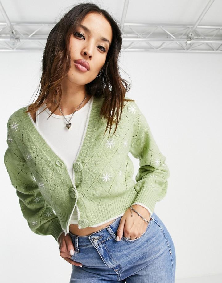 Violet Romance Floral Embroidered Cardigan In Sage Green - Part Of A Set