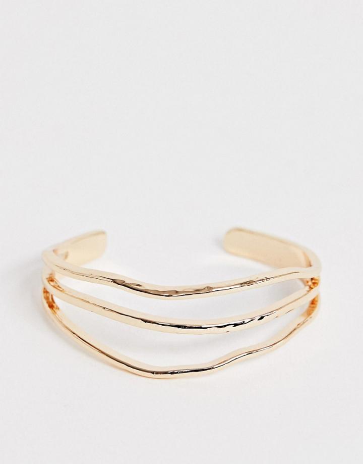 Asos Design Cuff Bracelet In Hammered Triple Row Design In Gold Tone - Gold