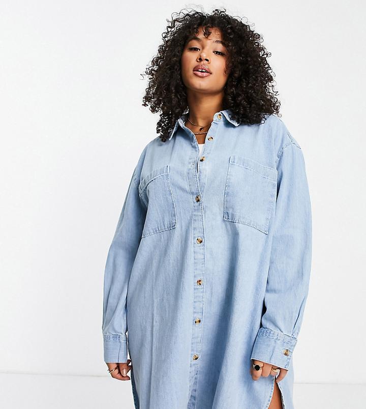 Asos Design Curve Soft Denim Oversized Shirt Dress In Mid Wash-blues