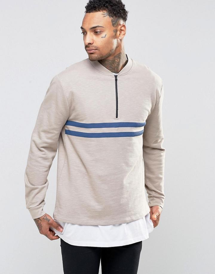 Asos Sweatshirt With Half Zip & Stripe Print - Gray
