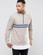 Asos Sweatshirt With Half Zip & Stripe Print - Gray
