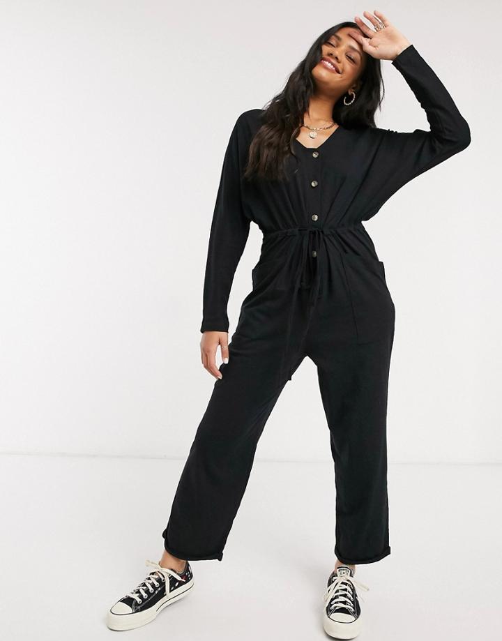 Asos Design Lounge Jersey Button-front Long Sleeve Tie Waist Jumpsuit In Black