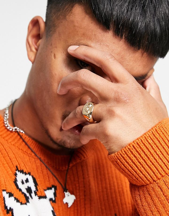 Asos Design Halloween Signet Ring With Pumpkin Design In Gold Tone