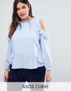 Asos Curve Blouse With Ruffle Cold Shoulder - Blue