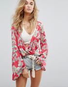 Billabong Wrap Front Top With Wide Sleeves In Floral - Red