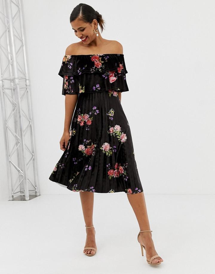 Asos Design Printed Velvet Double Ruffle Pleated Midi Dress-multi