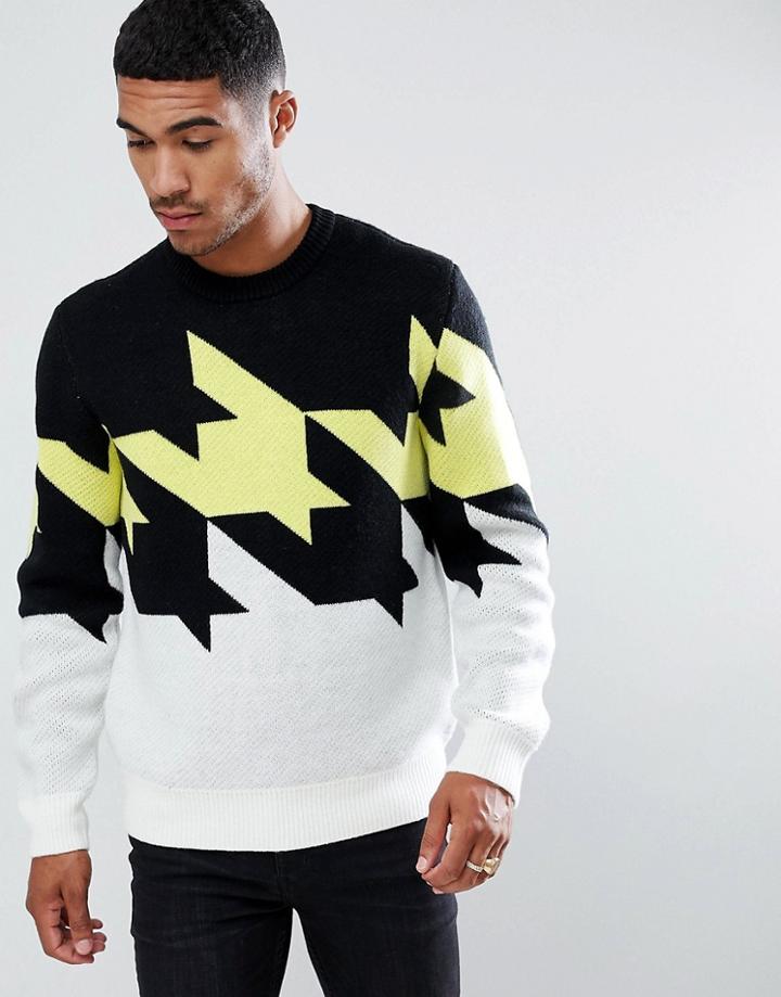 Armani Exchange Large Houndstooth Crew Neck Sweater In Black/white