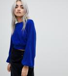 Fashion Union Petite Bishop Sleeve Cropped Knitted Sweater - Blue
