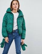 Asos Puffer Jacket With Mittens In Leopard Print - Green