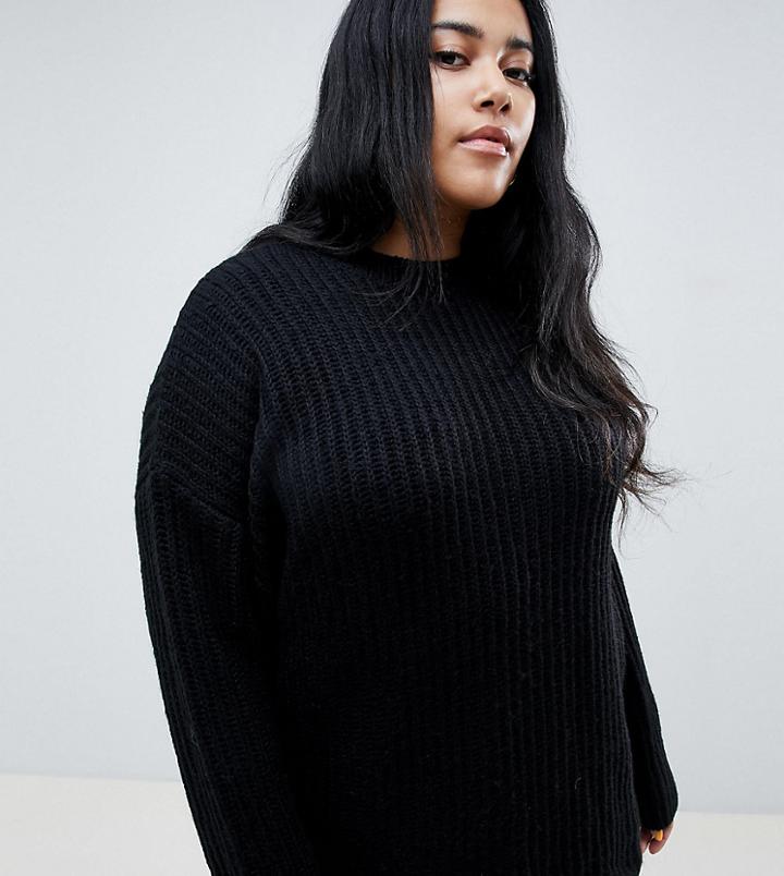 Asos Design Curve Chunky Sweater In Rib With Crew Neck - Black