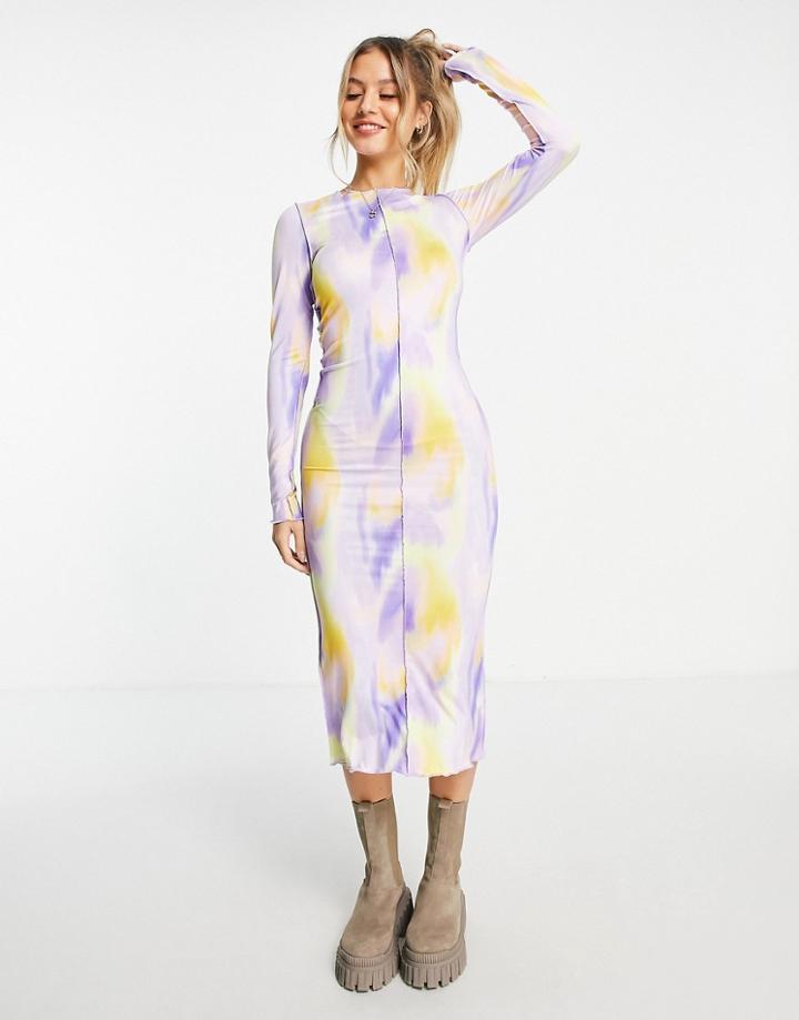 Monki Long Sleeve Midi Mesh Dress In Lilac Print-purple