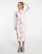 Monki Long Sleeve Midi Mesh Dress In Lilac Print-purple