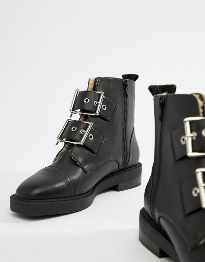 Asos Design Appreciate Faux Shearling Multi Buckle Boots - Black
