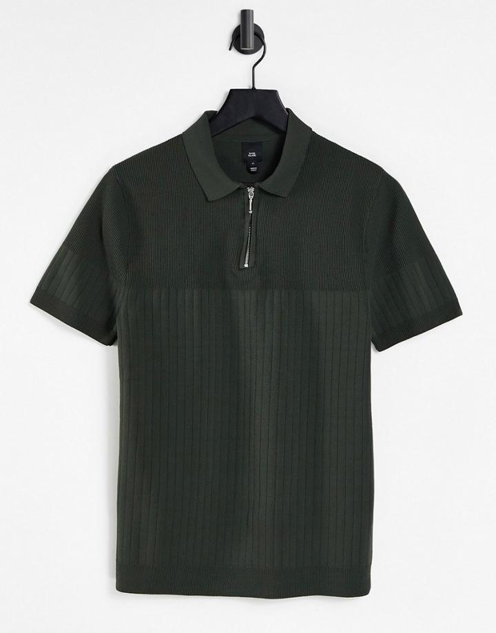 River Island Short Sleeved Rib Knitted Polo In Khaki-green